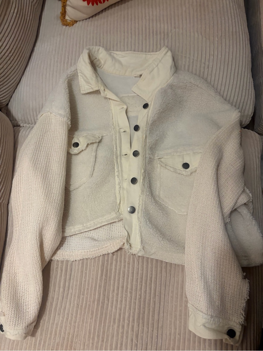 POL Cream Mixed-Texture Teddy Jacket with Button Front